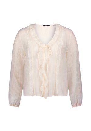 Light cream blouse with long sleeves, ruffled front detail, V-neck, and tie closure. Made of textured, lightweight fabric.