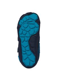 Suola della scarpa con fondo in gomma blu e un motivo di grip testurizzato; progettata per la trazione, con un bordo superiore di un blu navy scuro.