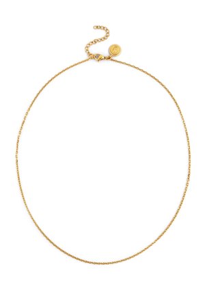 Fijne gouden ketting met kleine in elkaar grijpende schakels en een verstelbare sluiting met een ronde hanger.