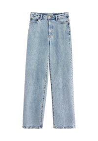 Ljusblå denimjeans med rak bensdesign, som har fem fickor, bältesöglor och knäppning. Strukturerad tyg med synlig sömnad.