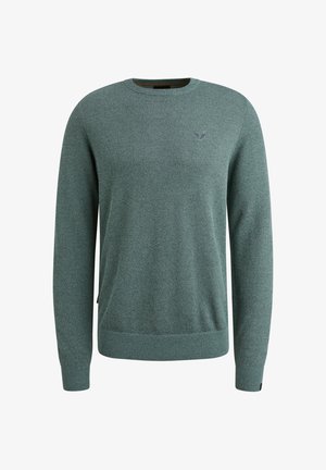 Trui van groene stof met een gestructureerd patroon, ronde hals, lange mouwen, en geribbelde manchetten en zoom. Klein logo op de borst.