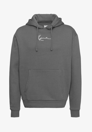 Grau Kapuzenpullover aus einem Baumwoll-Mischgewebe. Verfügt über eine Kapuze mit Kordelzug, eine Vordertasche, gerippte Bündchen und ein weißes gesticktes Logo auf der Brust.