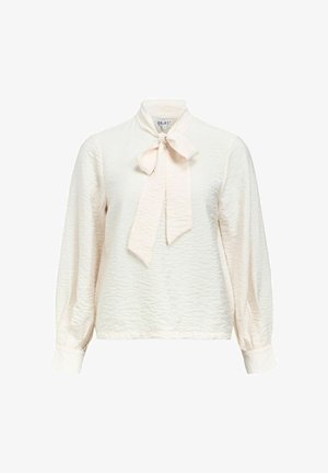 Světlobéžová blůza s dlouhým rukávem a strukturovaným povrchem, s mašlí u výstřihu a přiléhavými manžetami. Zaoblený lem.