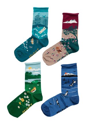 Quatre paires de chaussettes colorées avec des motifs inspirés de la nature. Comprend des motifs d'oiseaux, de fleurs et de paysages sur différentes nuances de bleu, de vert et de bordeaux.