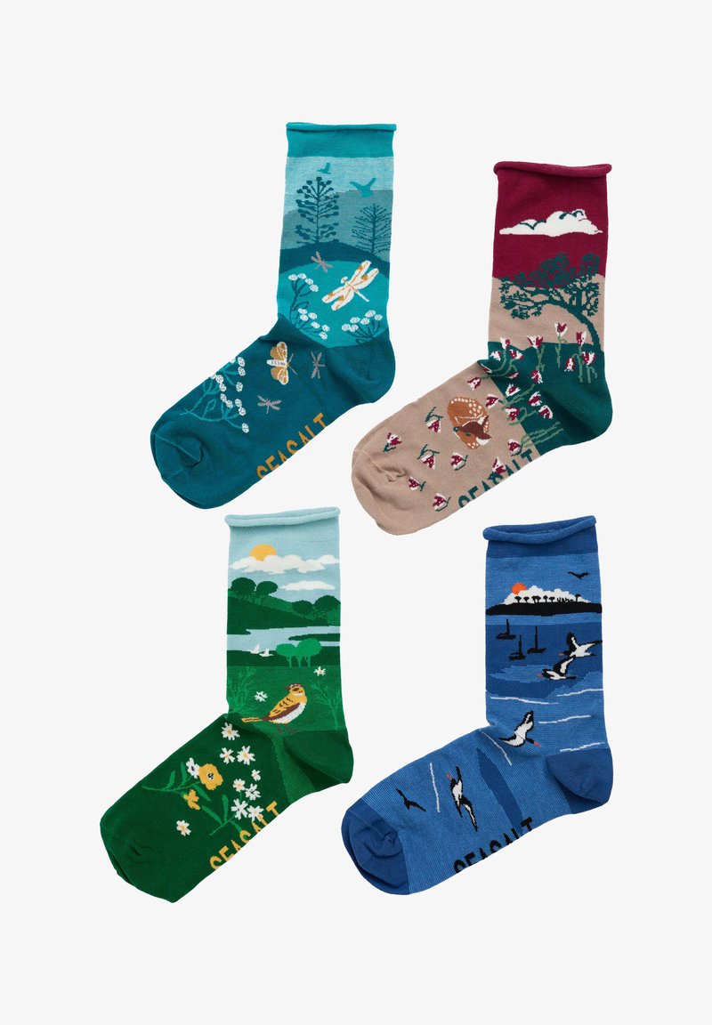 Štyri páry farebných ponožiek s dizajnmi inšpirovanými prírodou. Obsahujú motívy vtákov, kvetov a krajín na rôznych odtieňoch modrej, zelenej a burgundskej.