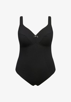 Costume da bagno intero nero con spalline regolabili, coppe sagomate, tessuto morbido, scollatura a V e dettaglio decorativo a fiocco al centro.