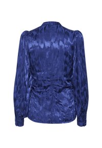 Dark blue satin blouse with a textured pattern, puffed sleeves, and gathered details at the back. Button cuffs and a classic collar shape.