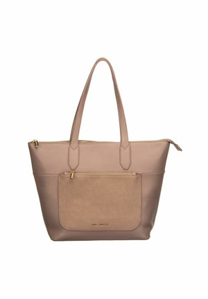 Sac fourre-tout taupe avec double poignée, poche zippée à l'avant et accents de fermeture éclair dorés, fabriqué en cuir synthétique texturé.