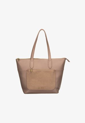 Sac fourre-tout taupe avec double poignée, poche zippée à l'avant et accents de fermeture éclair dorés, fabriqué en cuir synthétique texturé.