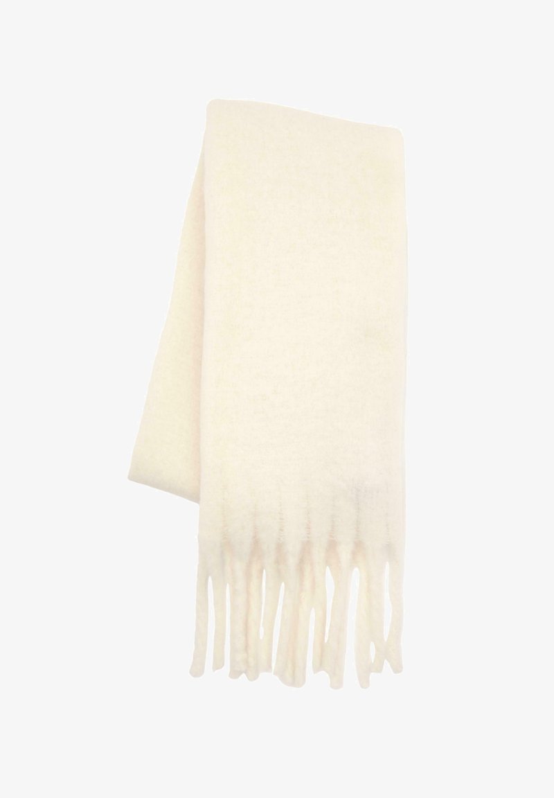 Sciarpa color crema realizzata in morbida lana, con dettagli in frangia a un'estremità e una texture liscia su tutta la superficie.