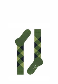 Grüne Socken mit einem Rautenmuster in Dunkelgrün und Marineblau. Hergestellt aus weichem Stoff mit glatter Textur und verstärktem Zehenbereich.