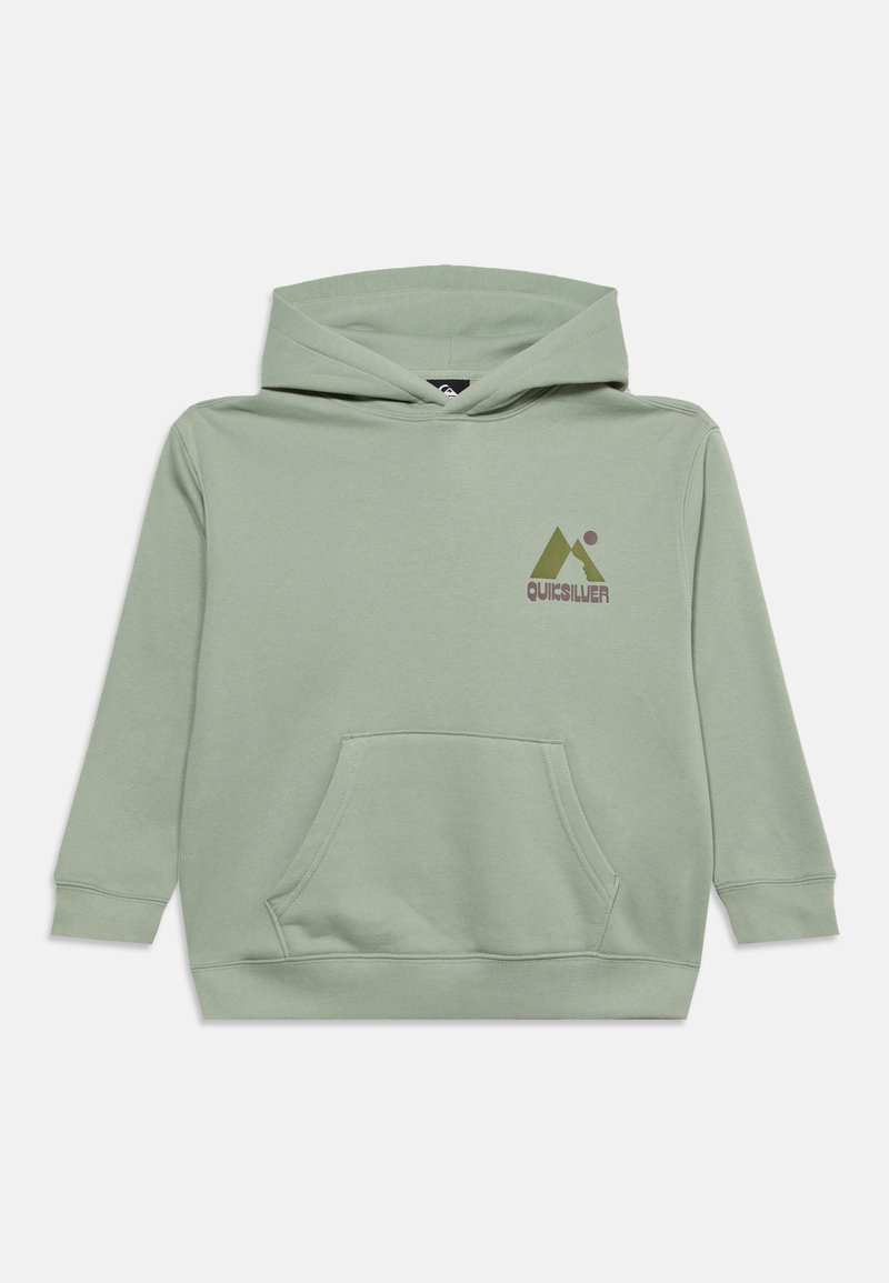 Светлозелен суитшърт с качулка, преден джоб и малък логотип на Quiksilver от лявата страна на гърдите.