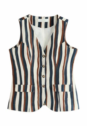 Ärmellose Weste mit Knöpfen, blau-braun-beige vertikalen Streifen, zwei vorderen Patten Taschen und V-Ausschnitt.