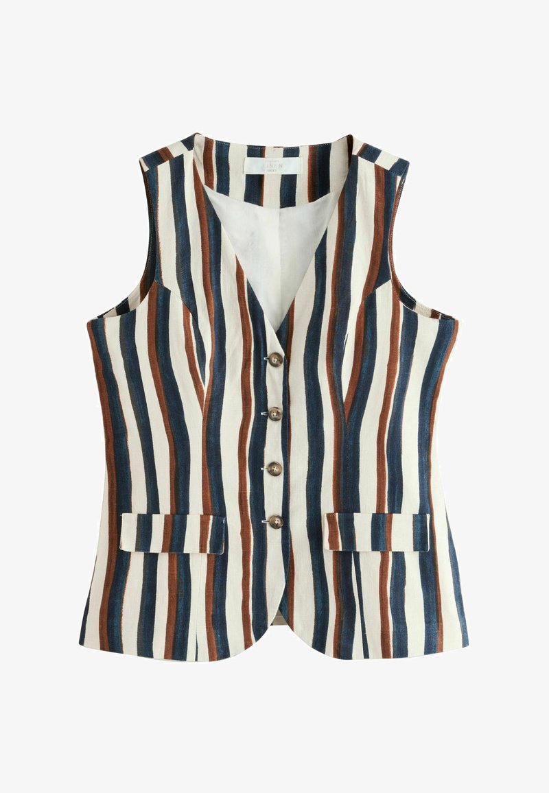 Ærmeløs vest med knapper, blå, brune og beige lodrette striber, to frontlommer med klap og V-hals.
