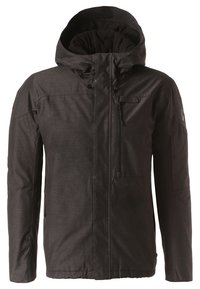 Svart utomhusjacka med huva, tillverkad av texturerat tyg. Har en framzip, en ficka med zip på bröstet och sidofickor.