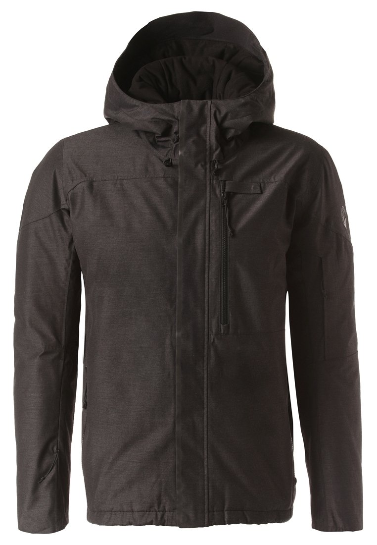 Svart utomhusjacka med huva, tillverkad av texturerat tyg. Har en framzip, en ficka med zip på bröstet och sidofickor.