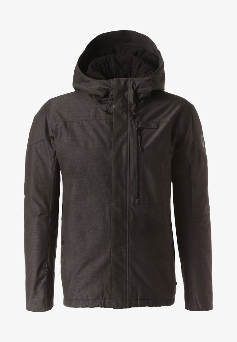 Svart utomhusjacka med huva, tillverkad av texturerat tyg. Har en framzip, en ficka med zip på bröstet och sidofickor.