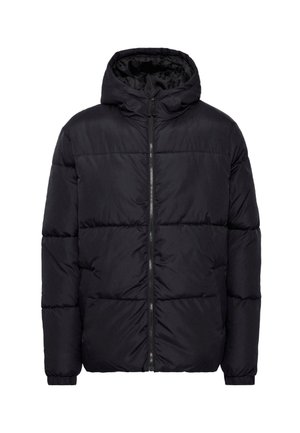 Chaqueta acolchada negra con cierre frontal, capucha y puños elásticos. Presenta secciones acolchadas para aislamiento y una textura de tela suave.