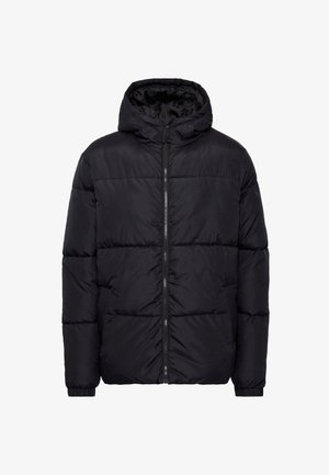 Fekete puffernadrág, cipzáras elülső részel, kapuccsal és elasztikus mandzsettákkal. Töltött részek jellemzik, amelyek szigetelést biztosítanak, sima szövetfelülettel.