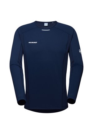Navy long-sleeve shirt made of stretch fabric. Features flat seams and a crew neckline, with a logo on the chest and sleeve.