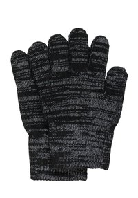 Mânuși tricotate negre și gri, cu un model în dungi, având compartimente pentru fiecare deget și un design de stofă strânsă și texturată.