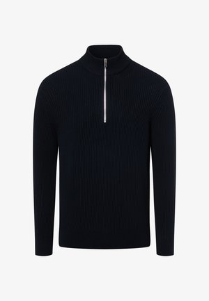 Pull en maille côtelée bleu marine avec col montant et fermeture à demi-zip. Comprend des manches longues et un design en tissu texturé.