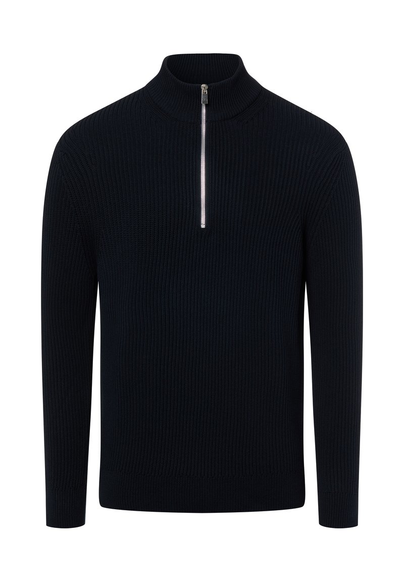 Marineblauer Rippenstrickpullover mit hohem Kragen und halb geöffnetem Reißverschluss. Verfügt über lange Ärmel und ein strukturiertes Stoffdesign.