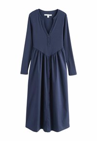 Mouwloze marineblauwe jurk met een geribde buste, knoopsluiting en een geplooide rok. Gemaakt van lichtgewicht stof met een relaxte pasvorm.