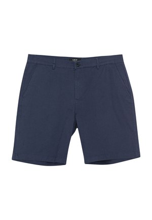 Pantaloncini da uomo color blu navy, dallo stile pulito, con chiusura frontale a bottoni e cerniera, due tasche frontali e passanti per cintura.