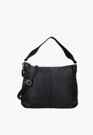 Sac à bandoulière en cuir noir avec sangle réglable et boucle argentée, présentant une couture verticale centrale et une fermeture éclair sur le dessus.