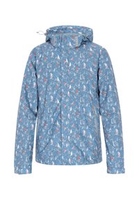 Waterdichte jas in lichtblauw met een nautisch thema print van boten en golven. Ontworpen met een capuchon en ritszakken.
