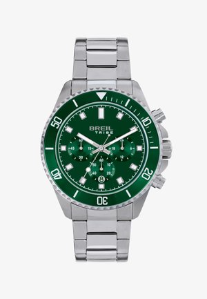 Sølvmetal armbåndsur med grøn urskive, tre underrer, datovindue ved klokken 6 og roterende krans markeret i hvidt.