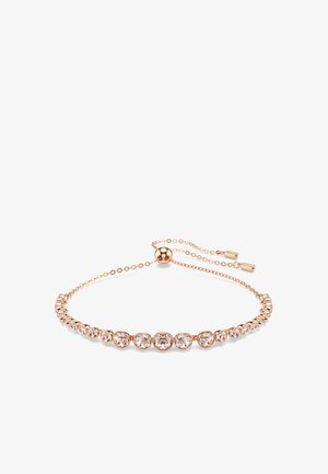 Pulsera de oro rosa con cristales talla redonda engastados en un diseño de eslabones, con un cierre deslizante ajustable para un ajuste seguro.