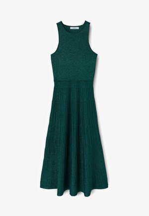 Sleeveless dark green knitted midi dress with fitted ribbed bodice and pleated A-line skirt.