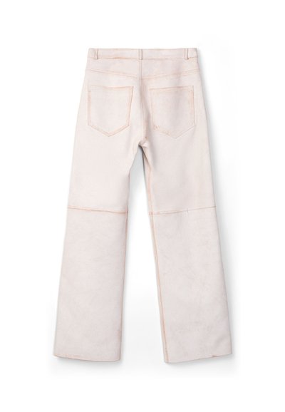 Light pink wide-leg pants made of soft fabric, featuring two back pockets, visible stitching details, and a flat waistband design.