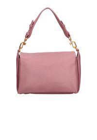 Borsa a mano in pelle rosa con un design strutturato, manico superiore e hardware dorato. Texture liscia con un'estetica minimalista.