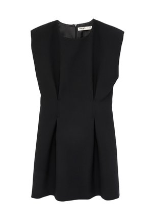 Vestito nero senza maniche con spalle strutturate, scollatura rotonda, vita aderente e chiusura posteriore con cerniera.
