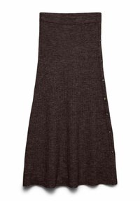 Jupe côtelée marron foncé avec une taille ajustée et un bas évasé, présentant une rangée de boutons sur le côté gauche pour le détail.