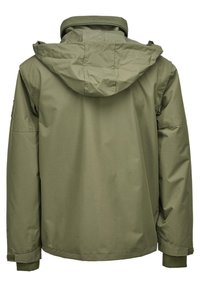 Chaqueta impermeable verde oliva con capucha, puños elásticos y un diseño simple y aerodinámico sin cierres visibles ni patrones.