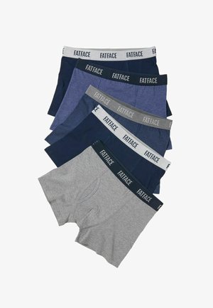 Fünf Paar Herrenboxershorts in Blautönen und Grau, jeweils mit elastischem Bund mit dem Schriftzug "FATFACE".