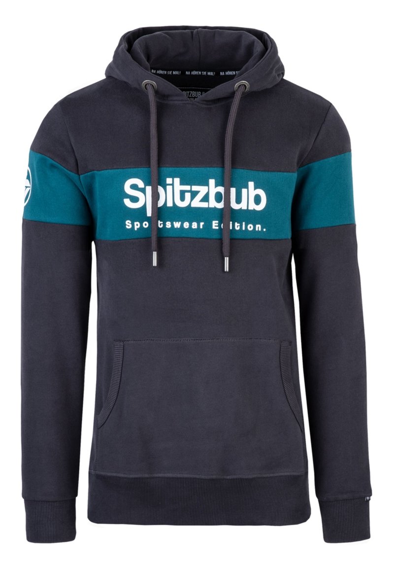 Námořnická modrá mikina s tyrkysovým pruhováním, bílý text "Spitzbub Sportswear Edition", nastavitelná tkanička, přední klokaní kapsa, žebrované manžety.