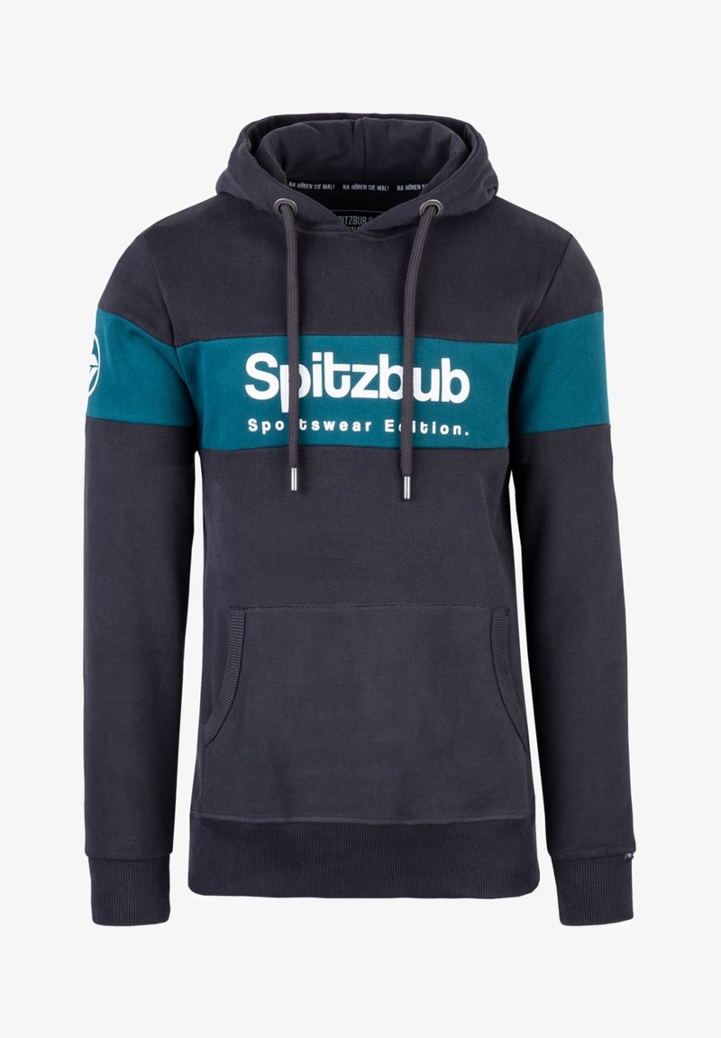Námořnická modrá mikina s tyrkysovým pruhováním, bílý text "Spitzbub Sportswear Edition", nastavitelná tkanička, přední klokaní kapsa, žebrované manžety.