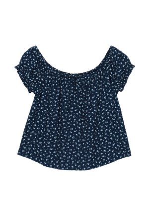 Blusa azul marino con hombros descubiertos, mangas cortas abullonadas y pequeño estampado floral en azul claro.