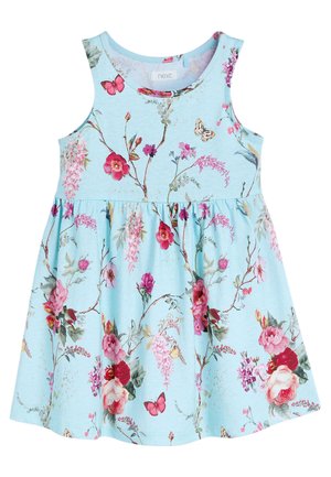 Blumenkleid aus hellblauer Baumwolle mit pinken und lila Blumen, grünen Blättern und Schmetterlingen. Ärmelloses Design mit gerafftem Rock.