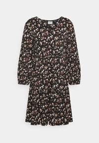 Svart blommig klänning med långa ärmar, med en lager-på-lager kjol och rund halsringning. Små, färgglada blommönster genom hela tyget.