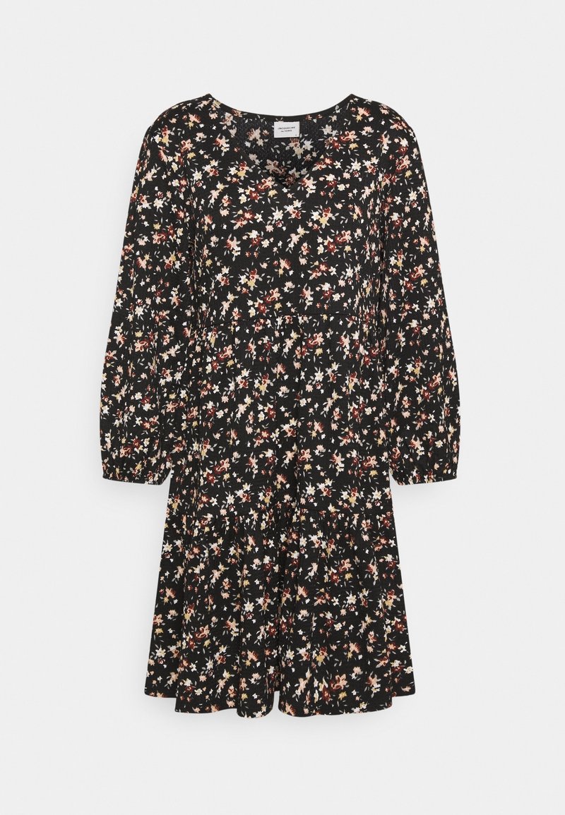 Schwarzes Blumenkleid mit langen Ärmeln, das einen gestuften Rock und einen runden Ausschnitt aufweist. Kleine, bunte Blumenmuster ziehen sich über den Stoff.