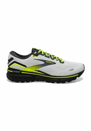 Chaussure de course Brooks Ghost 15 gris clair avec accents jaune néon et semelle noire, vue de profil sur fond blanc.