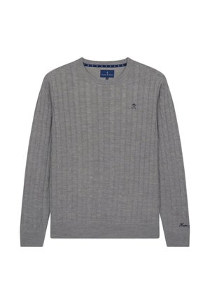 Grijze gebreide trui met een geribde textuur, ronde halslijn en lange mouwen. Bevat een klein marineblauw logo op de borst en een decoratieve binnenkraag.