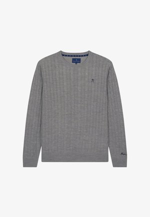 Grijze gebreide trui met een geribde textuur, ronde halslijn en lange mouwen. Bevat een klein marineblauw logo op de borst en een decoratieve binnenkraag.