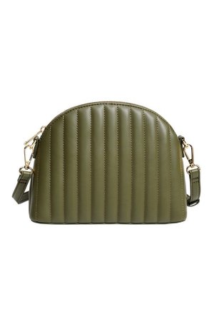 Skórzana torebka na ramię w kolorze oliwkowej zieleni z pionowym przeszyciem, złotymi zapięciami i regulowanym paskiem, półokrągły kształt.